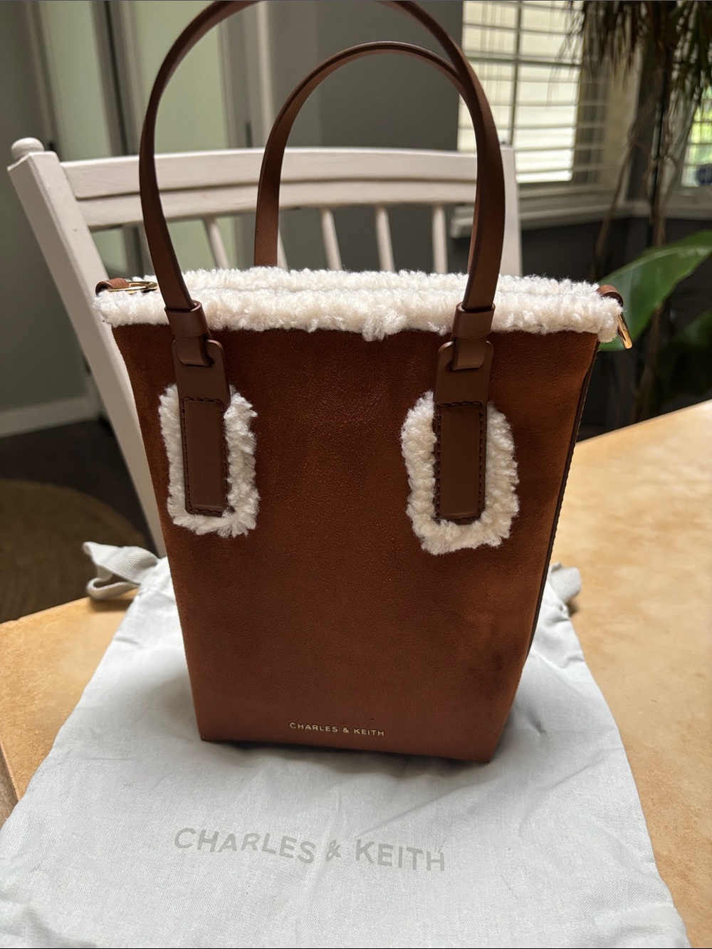 Charles & Keith Brown Tote with White Shearling Trim